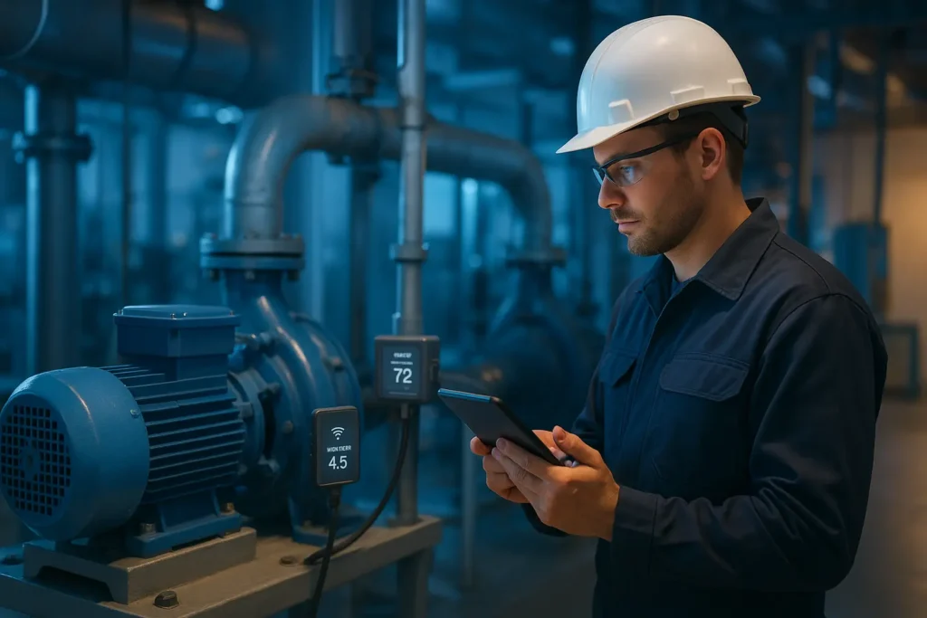 Responsable de mantenimiento analiza datos de sensores IoT en una planta industrial para anticipar fallos.