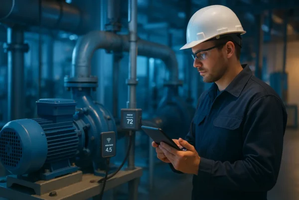 Responsable de mantenimiento analiza datos de sensores IoT en una planta industrial para anticipar fallos.