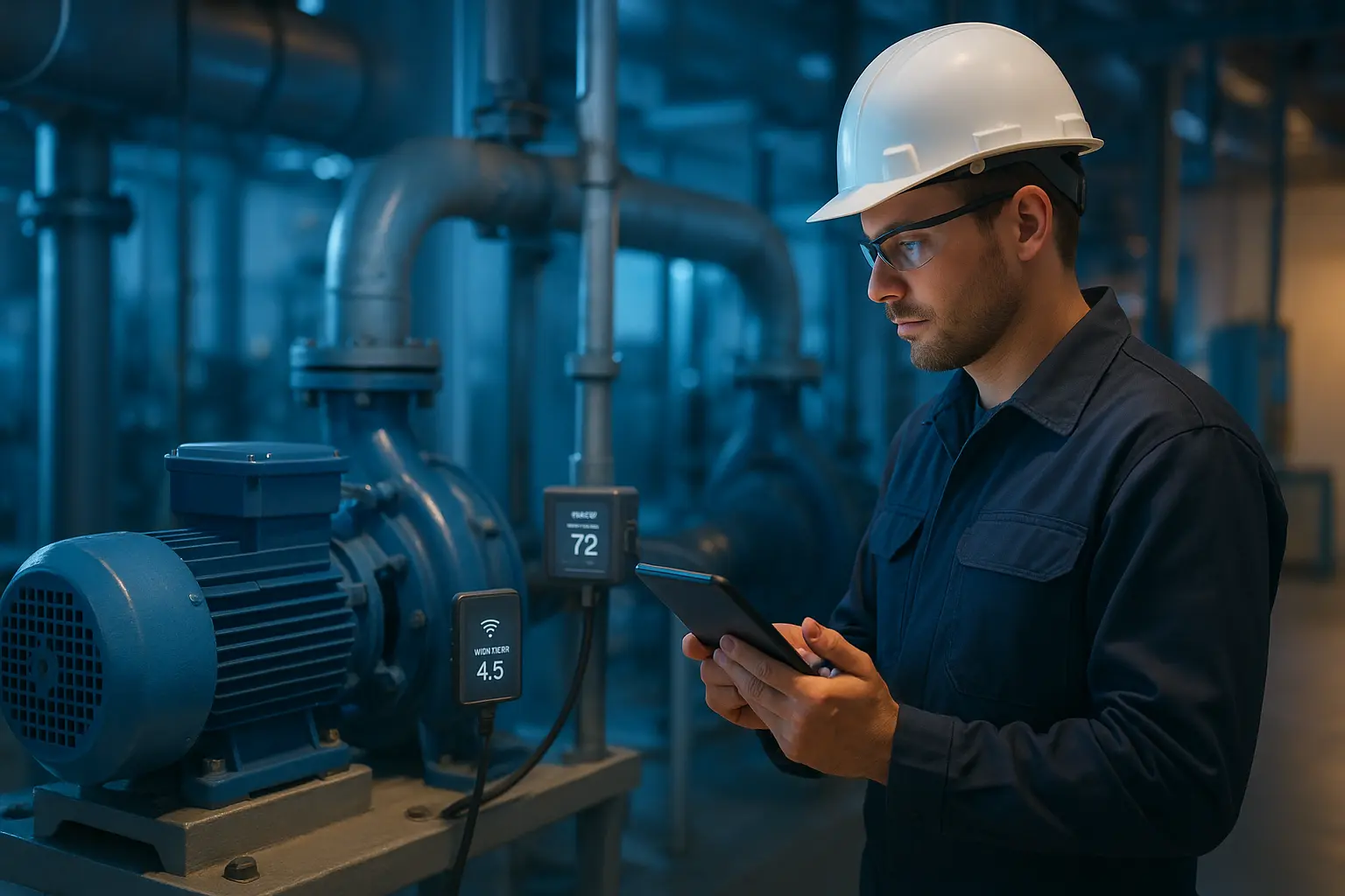 Responsable de mantenimiento analiza datos de sensores IoT en una planta industrial para anticipar fallos.