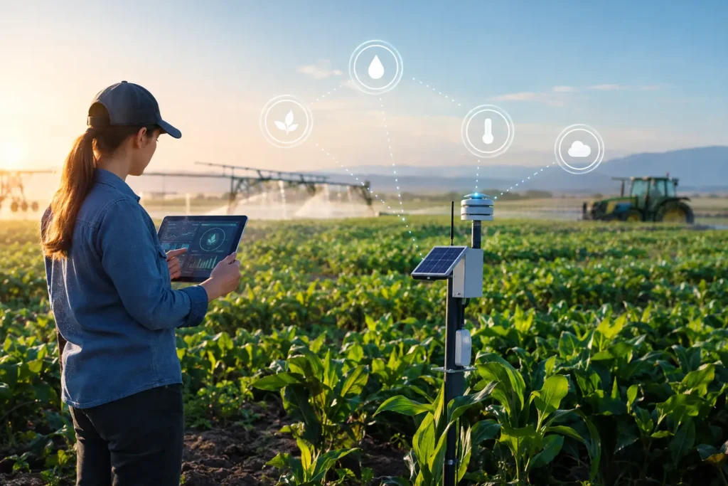 Sensores IoT conectados monitorizando el riego y el estado de un cultivo en agricultura de precisión.