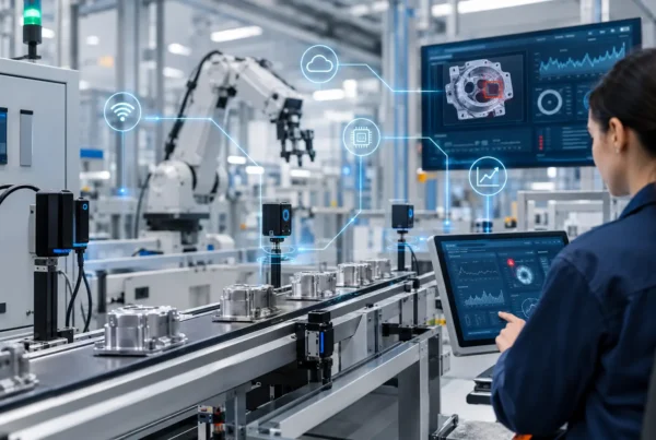 Planta de manufactura inteligente con sensores IoT y control de calidad en tiempo real