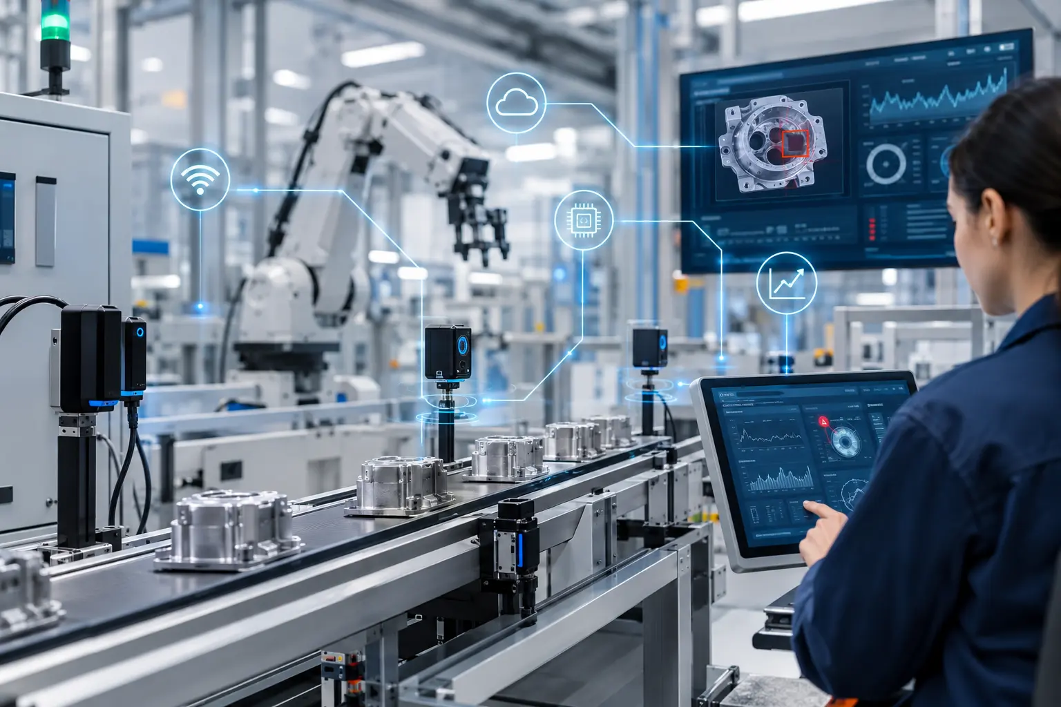 Planta de manufactura inteligente con sensores IoT y control de calidad en tiempo real