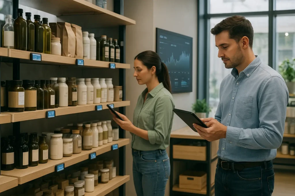 Tienda inteligente con sensores IoT, inventario conectado y empleados gestionando productos con tabletas